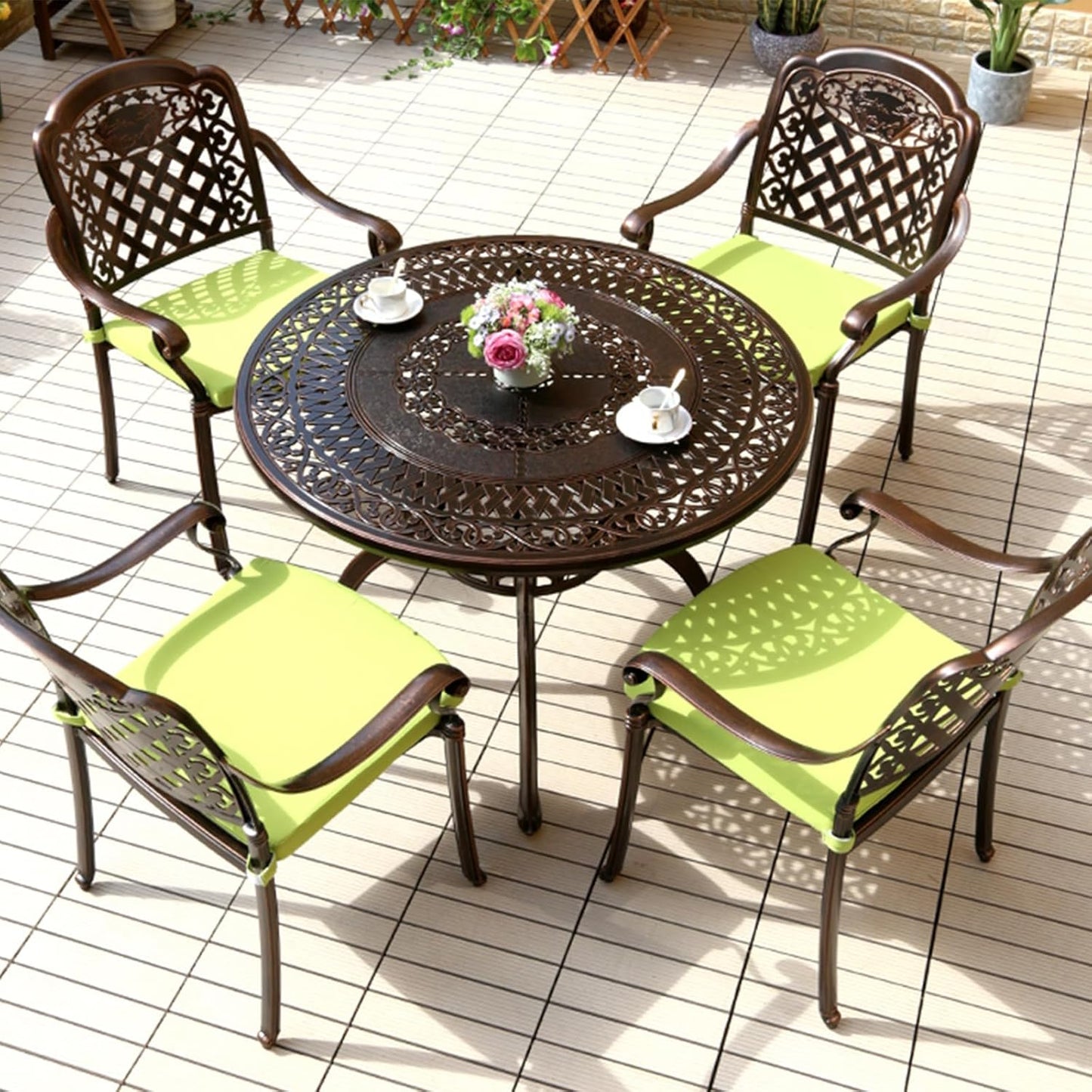 Outdoor Table Cast Aluminum Round Patio Table with Umbrella Hole All Weather Outdoor Dining Table for Lawn Garden Backyard (106cm Die-cast Round Tables)