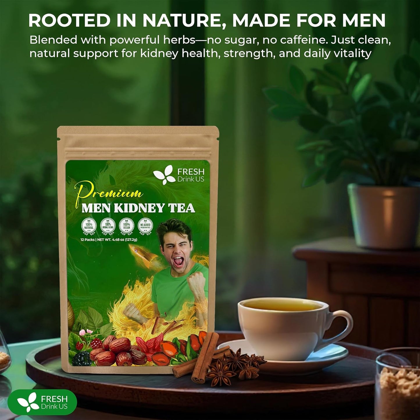 FreshDrinkUS, 24 Packs of Premium Herbal Kidney Support Tea – Ginseng Six Treasure Blend, 9 Powerful Ingredients, 10g/Bag – Men's Wellness Tea with Ginseng and Five Treasure Aid Root.