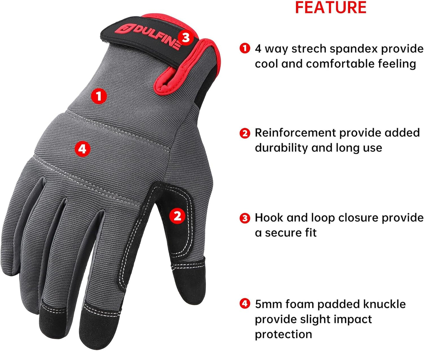 DULFINE Flex Grip Mechanic Work Gloves for Men,Black and Red Utility Safety Working Gloves Touch Screen,Excellent Grip,Ideal for Working on Cars and Outdoor Jobs(XX-Large)
