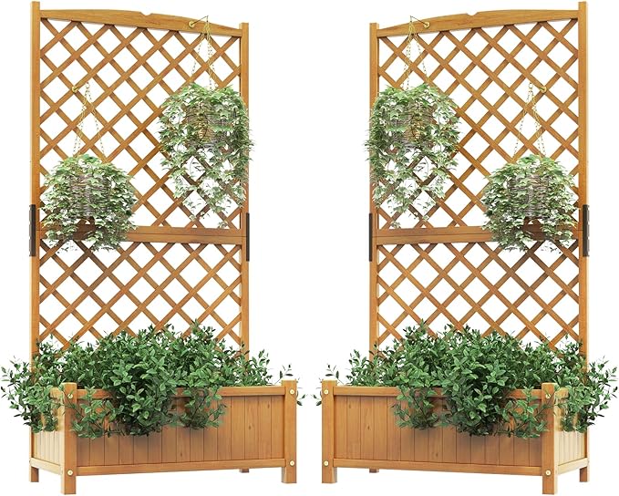 HAPPYGRILL Raised Garden Bed with Trellis, 71" Planter Raised Bed with Drainage Holes, Freestanding Garden Planter for Vine Climbing Plants, Wooden Planter Box for Yard Balcony(2, Yellow)