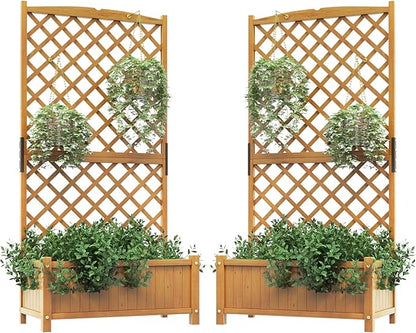 HAPPYGRILL Raised Garden Bed with Trellis, 71" Planter Raised Bed with Drainage Holes, Freestanding Garden Planter for Vine Climbing Plants, Wooden Planter Box for Yard Balcony(2, Yellow)