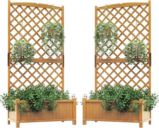 HAPPYGRILL Raised Garden Bed with Trellis, 71" Planter Raised Bed with Drainage Holes, Freestanding Garden Planter for Vine Climbing Plants, Wooden Planter Box for Yard Balcony(2, Yellow)