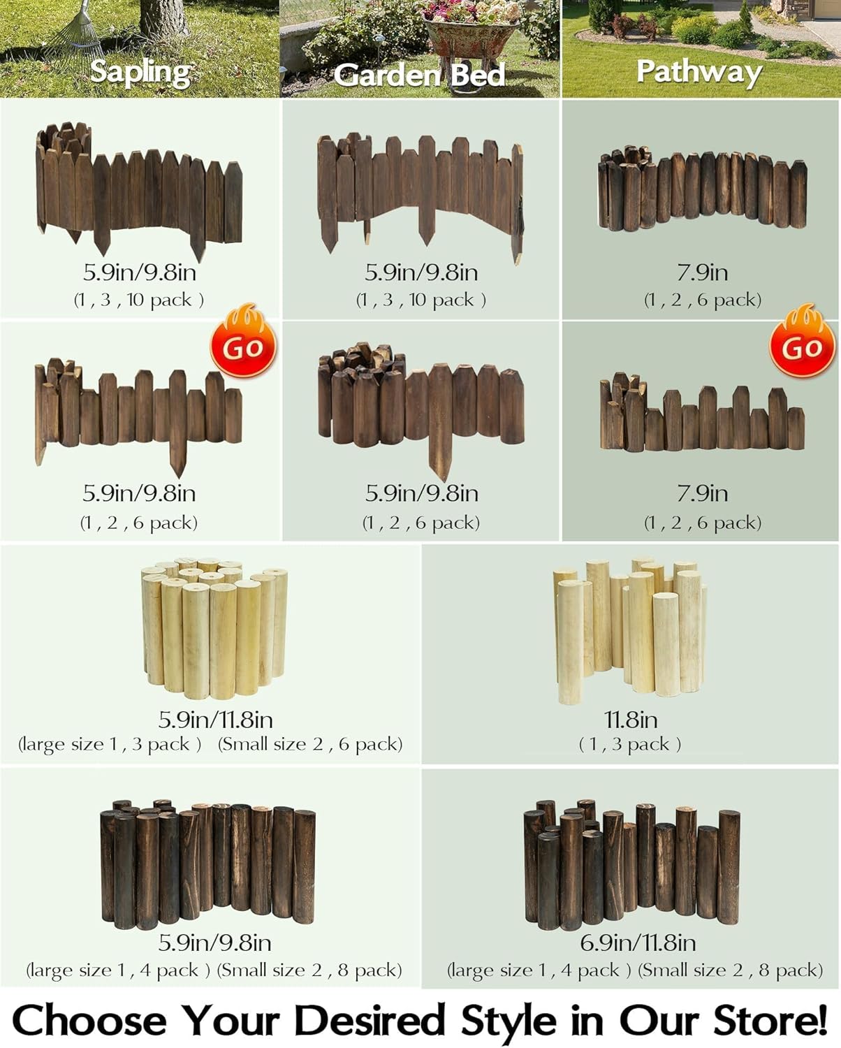 Wood Garden Edging, Wooden Fence Border Decorative Small Picket Panels for Flower Bed Barriers and Landscape Fencing