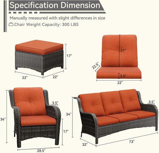 Patio Conversation Set 5-PCS Wicker Outdoor Furniture Conversation Set with 3-Seat Sofa, 2 Armchair, 2 Ottoman Patio Rattan Wicker Sectional Sofa Set with Olefin Cushion, Orange