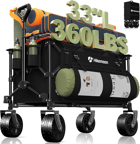 150L Collapsible Wagons Carts Foldable, 360LBS Heavy Duty Folding Beach Cart with Big All-Terrain Wheels, Portable Utility Wagon for Grocery, Shopping, Garden, Sports, Camping, Black