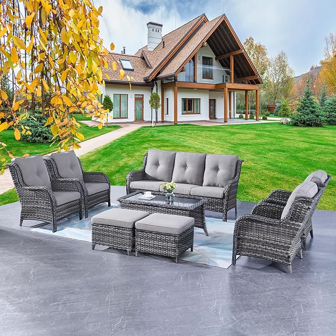 Rilyson Wicker Patio Furniture Chairs Set - 8 Piece Rattan Outdoor Patio Sectional Conversation Sets with Sofa,Armrest Chairs,Coffee Table and Ottomans for Porch Deck Garden(Mixed Grey/Grey)