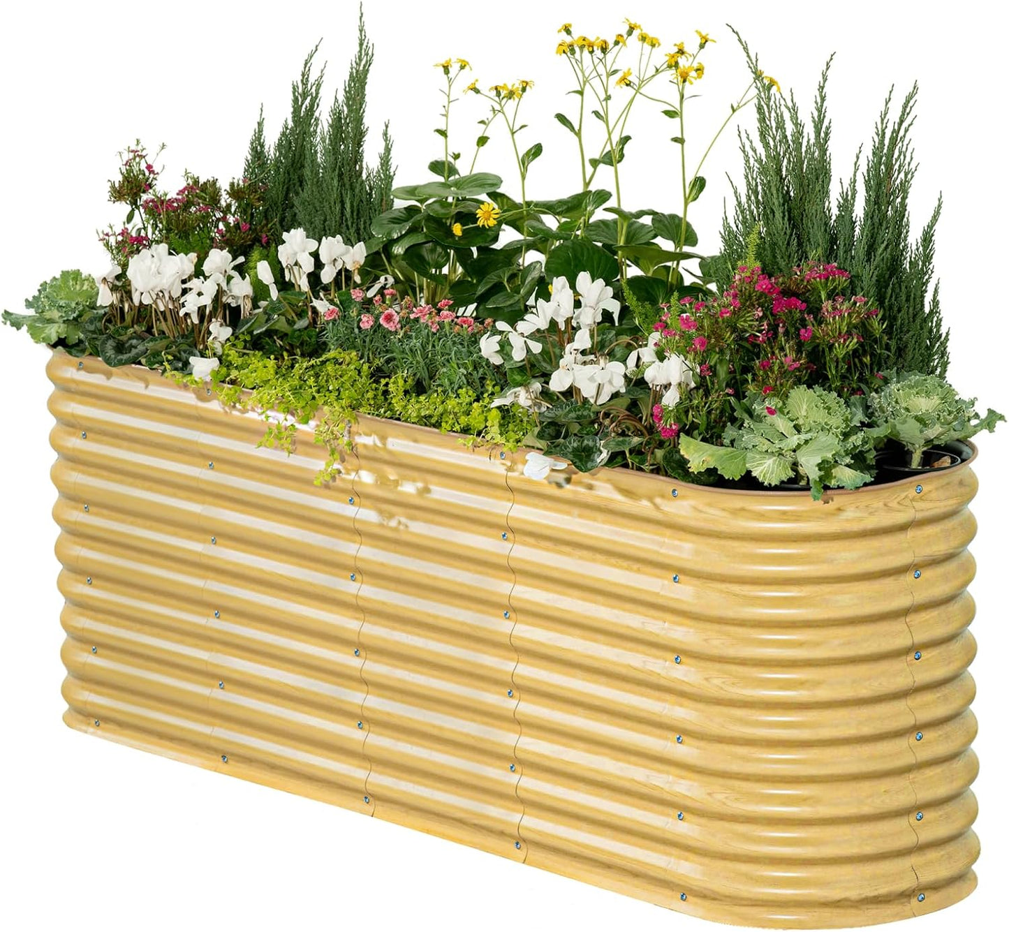 Vego garden 32" Extra Tall Raised Garden Bed Kits, 9 in 1 Modular Raised Planter Box for Vegetables Flowers Fruits Oval Metal Raised Garden Bed, Sunlit Oak