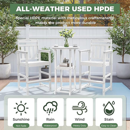 HDPE Outdoor Patio Bar Set with Bar Height Table and 2 Adirondack Chairs, All-Weather High Top Outside Round Pub Furniture for Bistro, Garden, Backyard, Deck | 3-Pieces, White