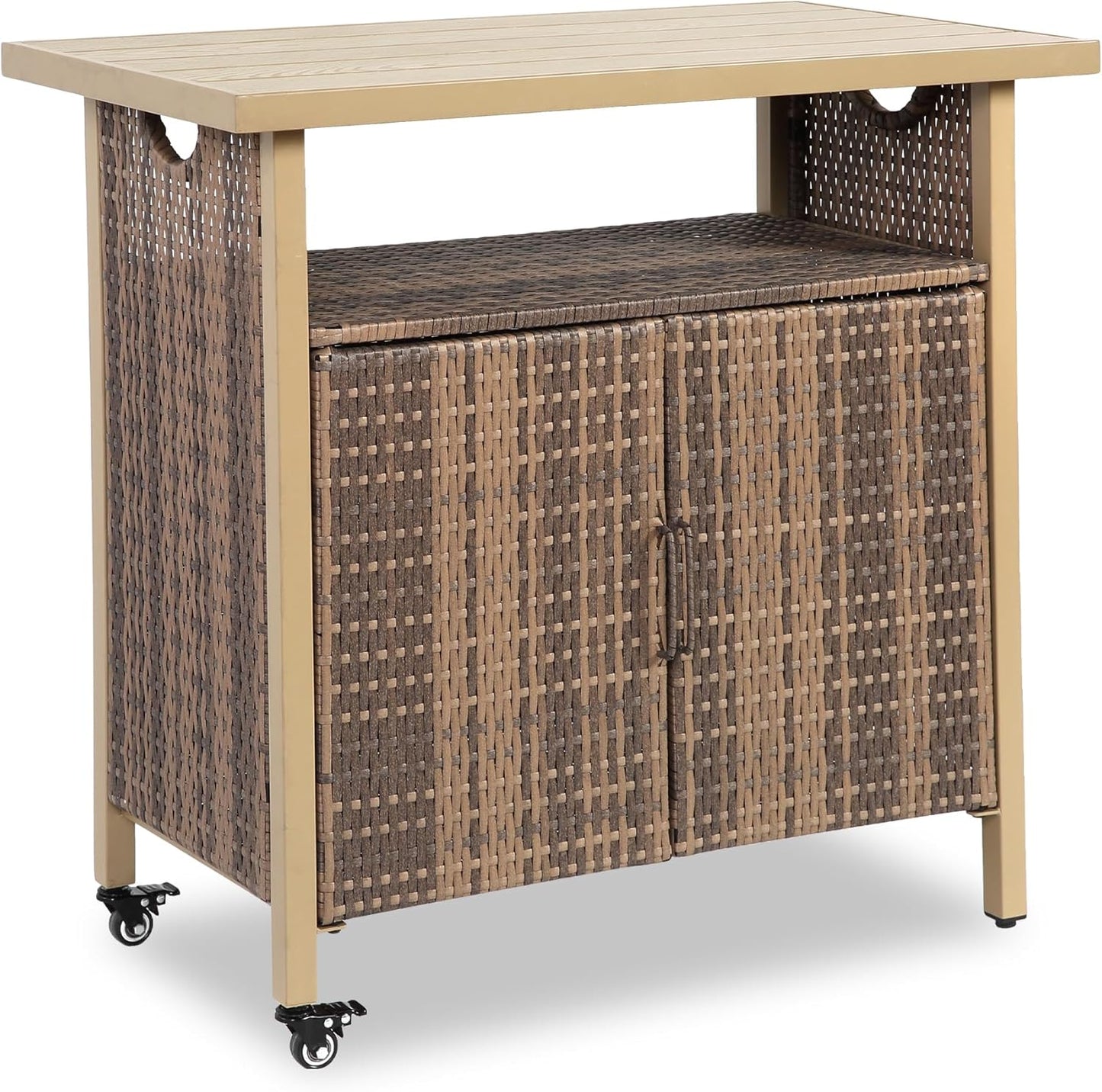 HOMEFUN Outdoor Bar Table with Storage Cabinet Patio Serving Carts on Wheels Wicker Grill Cart Prep Station Rolling Kitchen Island for Outside Backyard and Patio, Brown