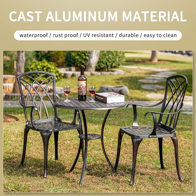 3 Piece Bistro Patio Set Cast Alumiunm Patio Furniture Set,All Weather Bistro Table and Chairs Set of 2 with 1.97" Umbrella Hole,Outdoor Patio Bistro Sets for Garden（Antique Bronze）