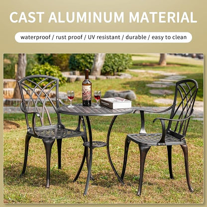 3 Piece Bistro Patio Set Cast Alumiunm Patio Furniture Set,All Weather Bistro Table and Chairs Set of 2 with 1.97" Umbrella Hole,Outdoor Patio Bistro Sets for Garden（Antique Bronze）