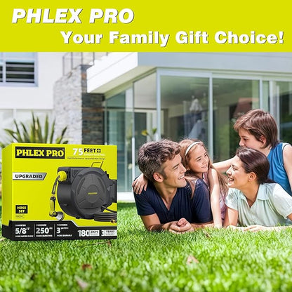 Retractable Garden Hose Reel 5/8 in x 75 ft Heavy Duty Automatic Water Hose Reel Wall Mounted with 10 Pattern Nozzle,Any Length Lock, Slow Return System, 180°Swivel Bracket