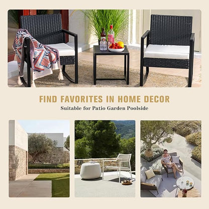 WWR 3 Pieces Outdoor Patio Furniture Set Rocking Wicker Rattan Chair Set Patio Bistro Conversation Set 3 Pcs with Coffee Table for Yard & Bistro (Sand)