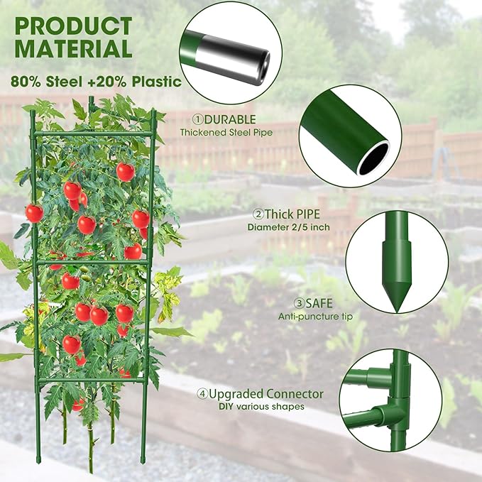 6 Pack Tomato Cage,Tomato Cage for Raised Garden Bed, 48'' Tall Tomato TrellisTriangle or Square Cages for Garden,Pots, Plant Cages & Supports（Green, Extra Bold ）