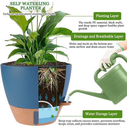 2 Pack 10 inch Plant Pots, Plastic Self Watering Planters with Drainage Holes, Deep Reservoir, Water Level Indicator, Modern Decorative Flower Pots for Indoor Outdoor Plants (Navy Blue, 10 inch)