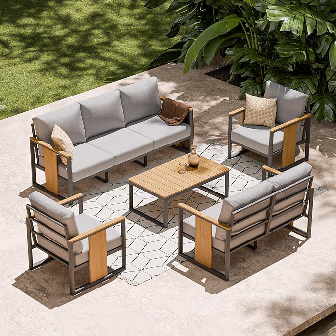 ZANDOR Aluminum Outdoor Patio Furniture Set,5-Piece Sectional Sofa with Coffee Table,Washable Thick Cushions,Modern Patio Conversation Set for Backyard,Garden,Porch,Balcony,Deck,Gray