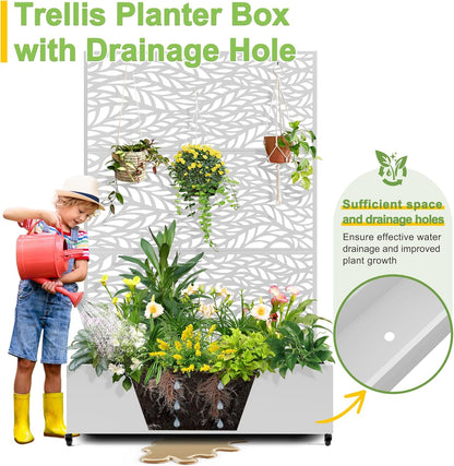 FENCY Metal Raised Garden Bed with Wheels and Trellis,73"x47"x16" Planter Box for Climbing Plants, Vegetables & Vines, Features Privacy Screen and Drainage Holes (White-Leaf)