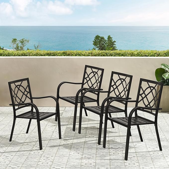 Incbruce 300lbs Patio Chairs Set of 4 Outdoor Dining Chairs, Metal Frame Stackable Patio Dining Chairs, Wrought Iron Black Outdoor Chair with Armrest for Garden, Poolside, Backyard