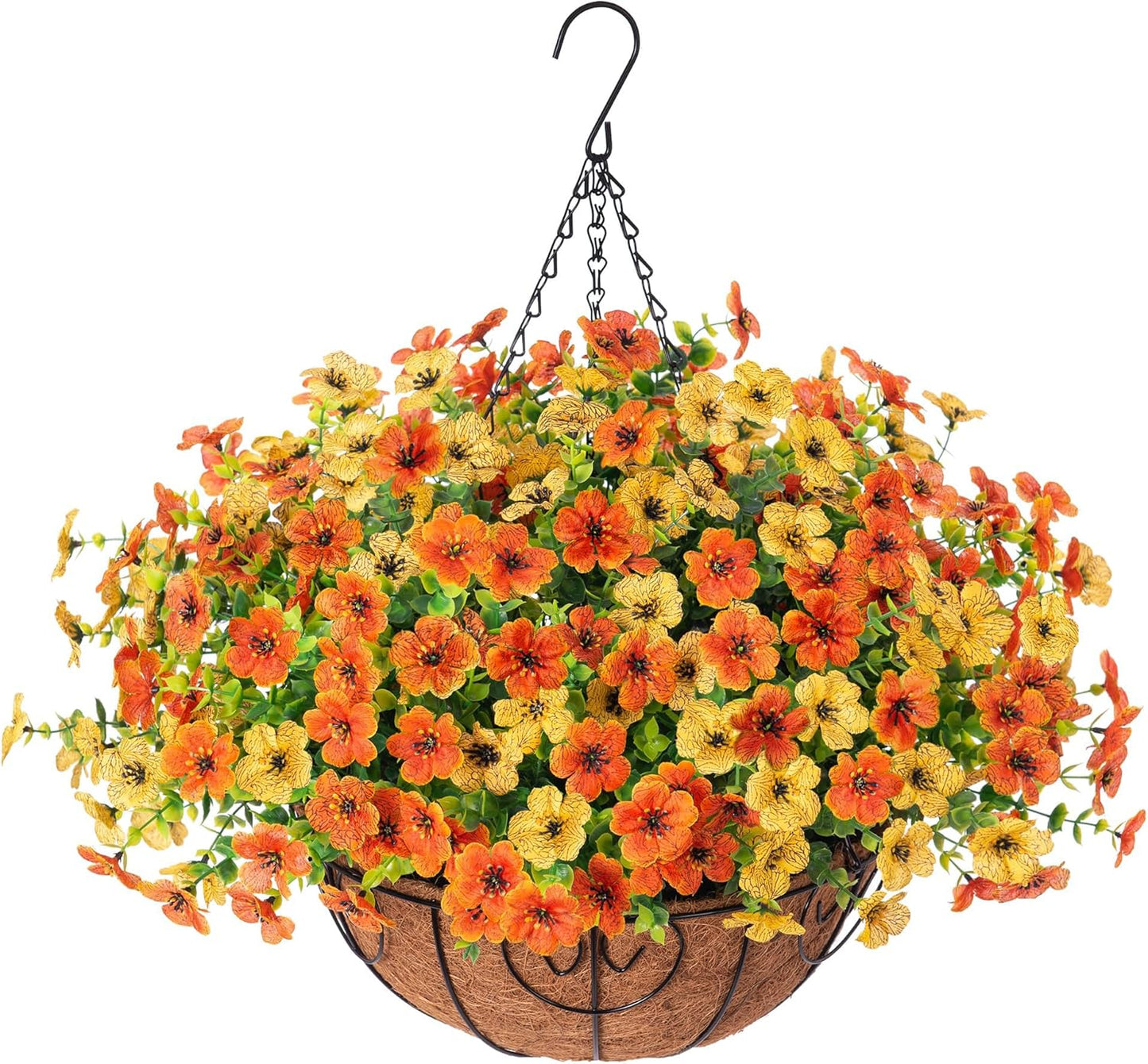 Artificial Fake Hanging Mums Plants Flowers Basket for Fall Autumn Outdoor Decor, Faux Silk Orange Dasiy Flower Look Real UV Resistant for Outside Porch Home Patio Garden Decoration