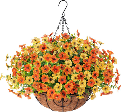 Artificial Fake Hanging Mums Plants Flowers Basket for Fall Autumn Outdoor Decor, Faux Silk Orange Dasiy Flower Look Real UV Resistant for Outside Porch Home Patio Garden Decoration