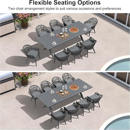 PURPLE LEAF 9 Piece Longer Patio Dining Set with Outdoor Aluminium Dining Table and Woven Chairs Modern Metal Furniture Cushions Sets for Garden Yard Indoor Decor Kitchen Gray