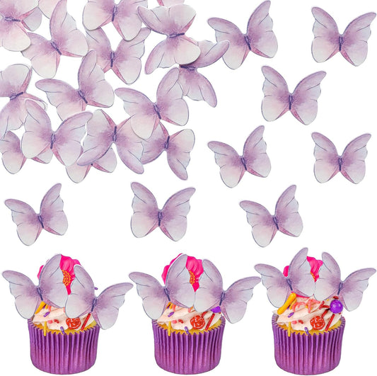 Ephlyn 48Pcs Edible Butterfly Cupcake Toppers Cute 3D Butterfly Cake Picks for Baby Shower Bridal Shower Boys Girls Birthday Party Cake Decorations Supplies Purple