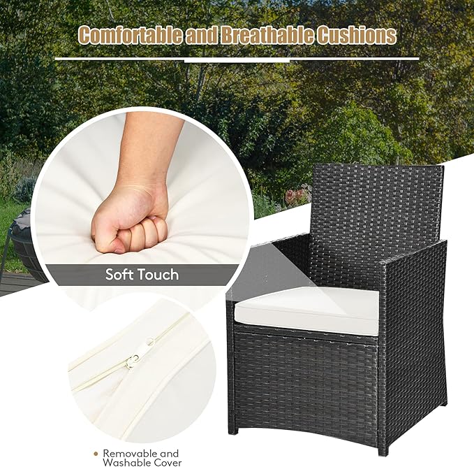 Tangkula 3 Pieces Patio Dining Set, Space-Saving PE Rattan Bistro Set with Tempered Glass Top Table and Cushioned Chairs, Outdoor Conversation Set for Garden Backyard Poolside Porch (White)