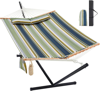 Two Person Hammock with Stand Heavy Duty, Outdoor Patio Hammock with Portable Steel Stand, Large Double Hammocks,480lbs Capacity.(Grey Stripes)