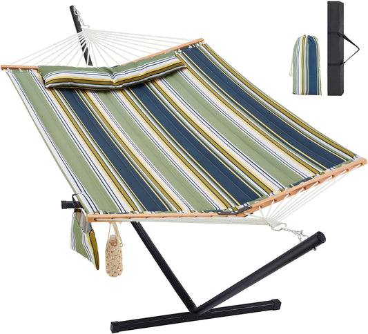 Two Person Hammock with Stand Heavy Duty, Outdoor Patio Hammock with Portable Steel Stand, Large Double Hammocks,480lbs Capacity.(Grey Stripes)