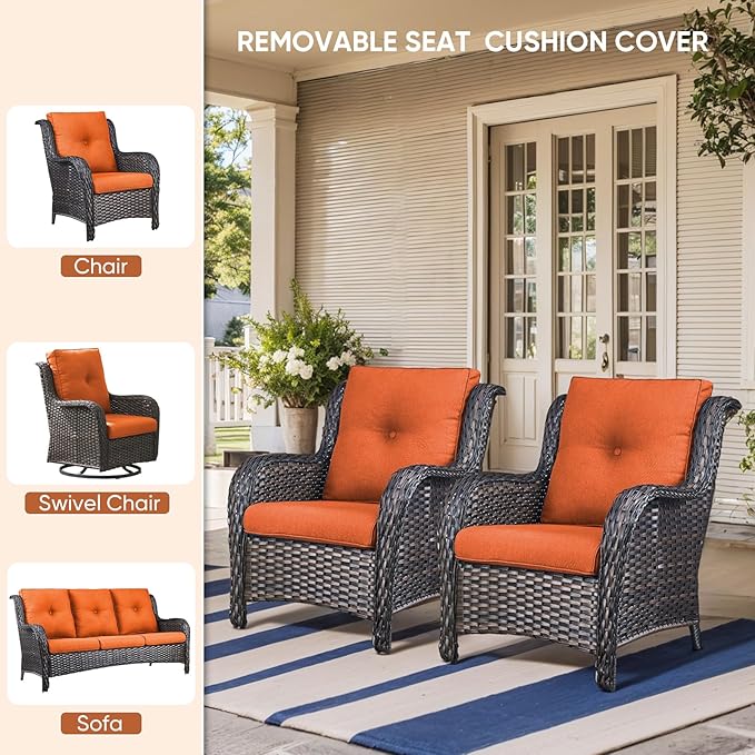 10-Piece Outdoor Patio Cushion Set - Fade & Water Resistant with Removable Olefin Cover, 22x24x4 Inch Memory Foam Cushions for Wicker Sectional Sofa – Orange/Buckle