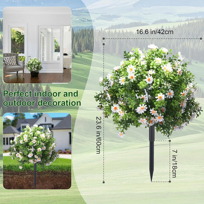 23.6" Artificial Boxwood Topiary Ball Trees with White Flowers, Set of 2 UV Resistant No Fade Outdoor Faux Plants with Ground Spike, Fake Shrubs for Garden, Patio, Porch, Yard, Indoor Decor