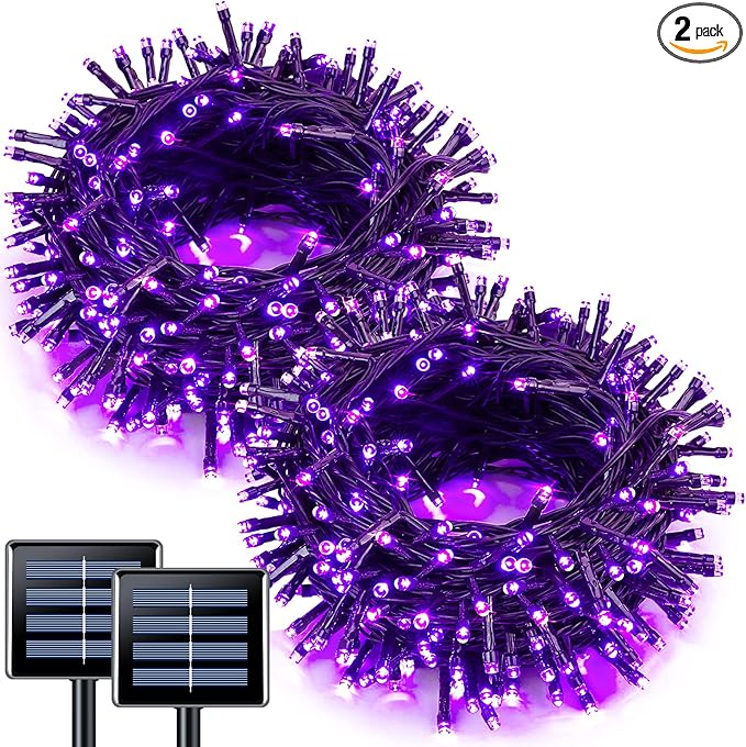 JMEXSUSS Purple Solar Lights Outdoor Waterproof, 2 Pack 100 LED Solar String Lights, Purple Christmas Light for Halloween Decor Outside Tree Yard Garden