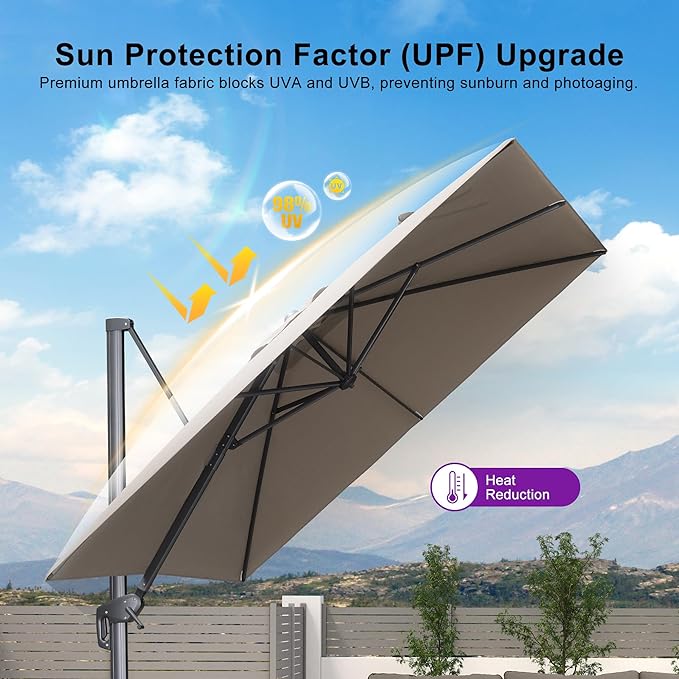 PURPLE LEAF 9' X 11.5' Rectangle Patio Umbrella Outdoor Large Aluminum Cantilever Umbrella with 3-Year Fade Resistance Recycled Fabric and 360-degree Rotation for Deck Pool Garden, Ash Mocha