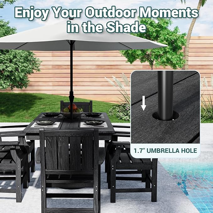 Pamapic 7 PCS Outdoor Dining Set, Spacious HDPE Outdoor Table and Chairs, Wood Grain Patio Furniture Sets with Elegant Armrest, All-Weather Patio Dining Table with Umbrella Hole, Black