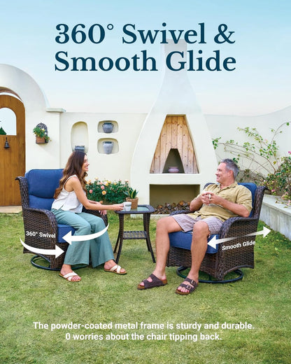 HILLGA Luxury Patio Furniture Set with 6-inch Thick Cushion, Outdoor High Back Swivel Rocker Patio Chairs, 6PCS Wicker Conversation Set for Deck Yard and Poolside, Blue (V2)