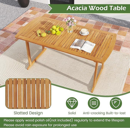Tangkula 7 Piece Patio Acacia Wood Dining Set for 6, Patio Rectangle Table with Umbrella Hole & 6 Cushioned Armchairs, for Backyard Garden Poolside Deck, Natural
