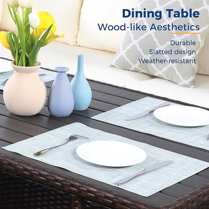 Wisteria Lane Patio Furniture Set, 7 Piece Outdoor Dining Sectional Sofa with Dining Table and Chair, All Weather Wicker Conversation Set with Ottoman, Ivory