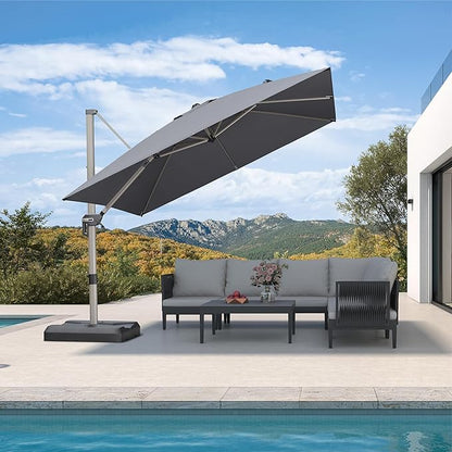 PURPLE LEAF 10' X 10' Patio Umbrella Outdoor Cantilever Umbrella, Aluminum Offset Umbrella with Champagne Frame and 360° Rotation for Pool Deck Garden, Light Grey