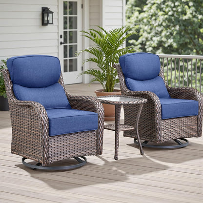 Outdoor Patio Swivel Rocker Chairs Set of 2, Waterproof Wicker, High Back, Deep Seating, Wide Armrest, Upgraded 6 inch Thick Cushions, Side Table, Ideal for Deck Porch Yard, Brown/Blue