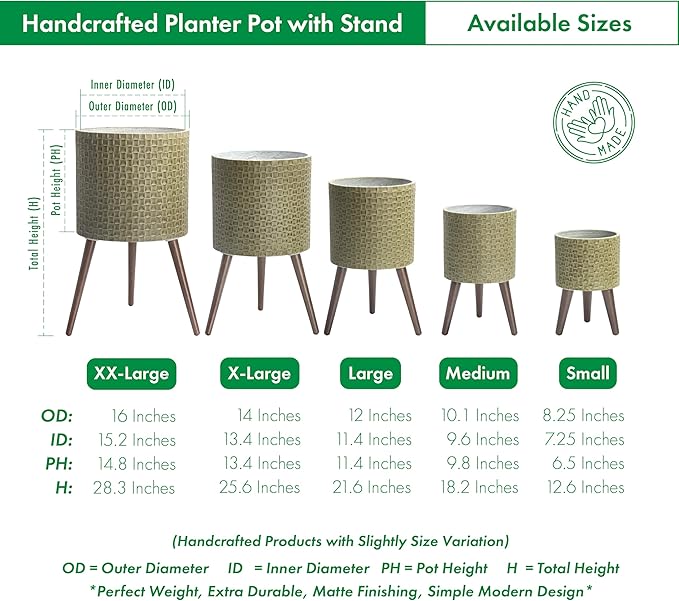 D'vine Dev 8 Inch Modern Geometric Tile Patterned Sleek Planter Pot with Stand, Indoor Outdoor Decorative Plant Holder, Distressed Olive, 88-Z-A-4