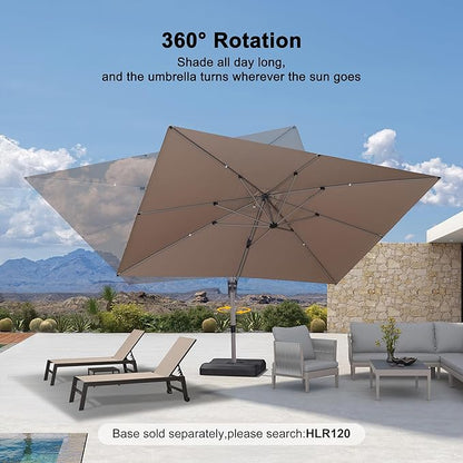 PURPLE LEAF 10' X 13' Patio Umbrella, Rectangle Outdoor Cantilever Umbrella, Aluminum Offset Umbrella with Champagne Frame and 360° Rotation for Pool Deck Garden, Taupe
