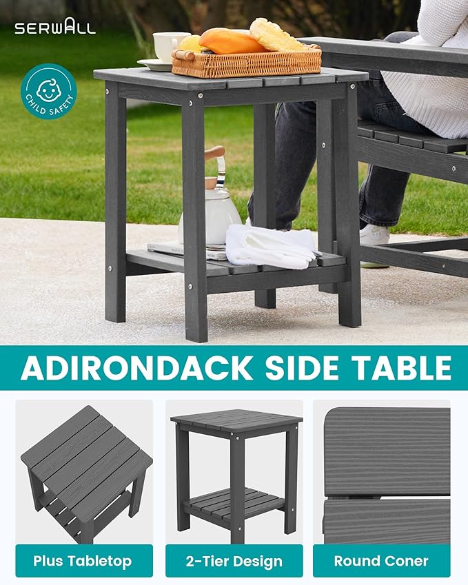 SERWALL 3 Pieces Patio Bistro Set, All Weather Adirondack Chair Set with Side Table, HDPE Material Outdoor Patio Furniture Set for Balcony, Porch, Garden, Backyard- Gray