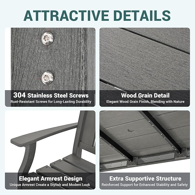 Pamapic 5-Piece Outdoor Dining Set, HDPE Outdoor Rectangular Table and 4 Chairs, Wood Grain Patio Furniture Sets with Armrest, All-Weather Patio Dining Table with Umbrella Hole, Gray