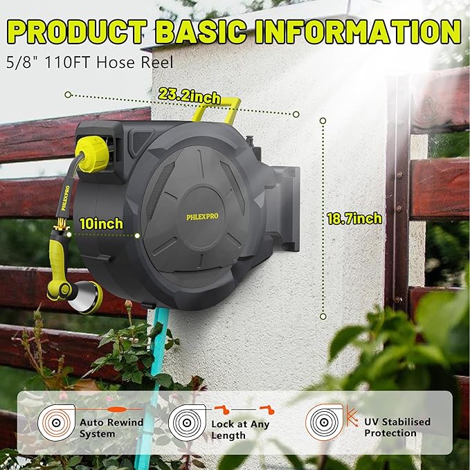 Retractable Garden Hose Reel,5/8 in x 110 ft Wall Mounted Garden Hose Reel,UV Resistant with 10 Pattern Nozzle,Any Length Lock, Slow Return System,180°Swivel Bracket(Green)