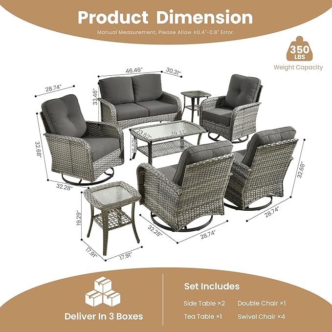 8-Piece Wicker Patio Furniture Set, All-Weather Rattan Conversation Bistro Loveseat Chair and Patio Rockers Set for Backyard, Balcony and Deck with Soft Cushions and Metal Table(Black)