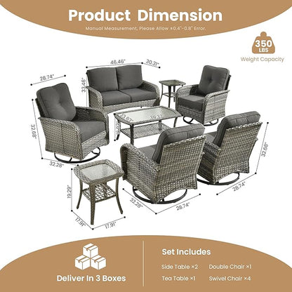 8-Piece Wicker Patio Furniture Set, All-Weather Rattan Conversation Bistro Loveseat Chair and Patio Rockers Set for Backyard, Balcony and Deck with Soft Cushions and Metal Table(Black)