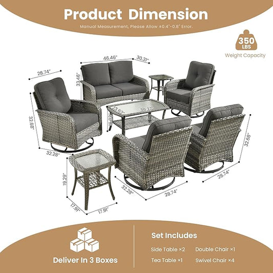 8-Piece Wicker Patio Furniture Set, All-Weather Rattan Conversation Bistro Loveseat Chair and Patio Rockers Set for Backyard, Balcony and Deck with Soft Cushions and Metal Table(Black)