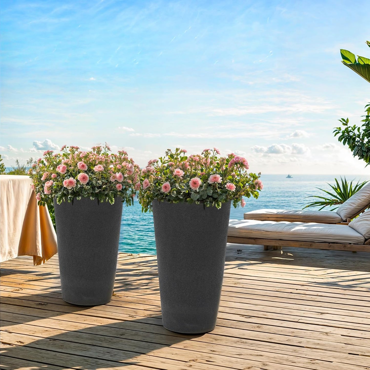 24" Set of 2 Tall Resin Outdoor Planters, Heavy-Duty Resin Flower Pots, Matte Black Leather Grain Finish, Durable & Weather-Resistant, Ideal for Garden, Patio, Yard, Porch, or Indoor Décor