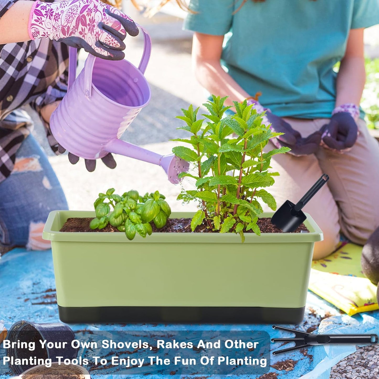 Window Box Planter 8 Pcs, 17 Inches Rectangle Flower Pots with Drainage Holes and Trays, Vegetable Planters for Windowsill Patio Garden Balcony Home Porch Yard Indoor Outdoor (Light Green)