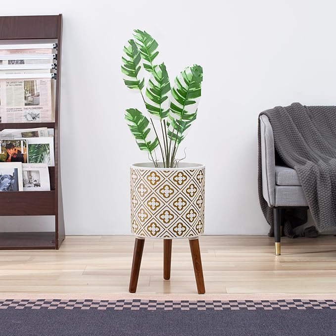 naclto 10 Inch Planter with Stand, Plant Pot for Indoor Plants, Large Modern Flower Pots Indoor Outdoor with Drainage for Home Garden Patio, White ＆ Gold